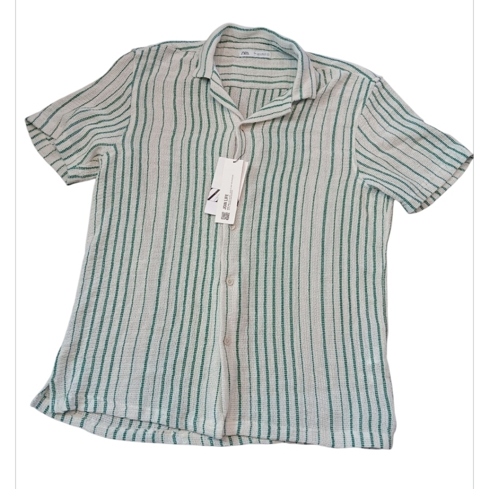 Zara Men Striped Green and White Men's Shirt Sz L New
